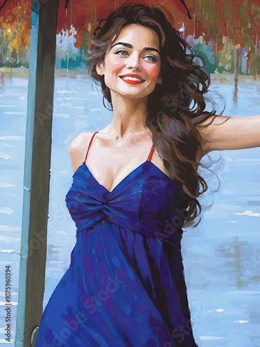 A vibrant painting of a smiling woman standing outdoors. She has long, wavy hair and is wearing a royal blue sleeveless dress.