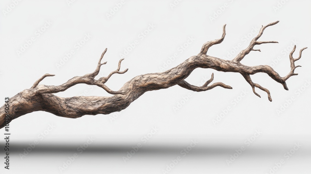 Elegant Stylized Tree Branch with Textured Bark on White Background Elegant Stylized Tree Branch with Textured Bark on White Background