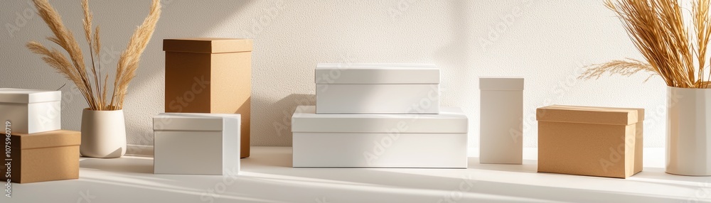 Sophisticated Arrangement of Minimalist Packaging Boxes with Natural Dried Grasses in a Soft Light Setting for Modern Home Decor and Storage Solutions Sophisticated Arrangement of Minimalist Packaging Boxes with Natural Dried Grasses in a Soft Light Setting for Modern Home Decor and Storage Solutions