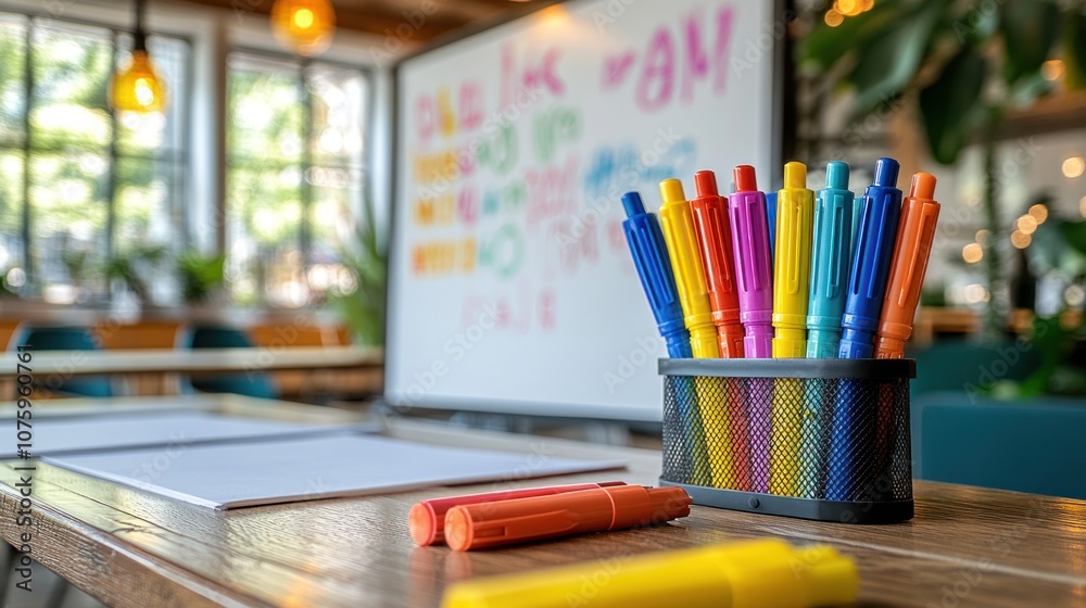 Obraz premium Colorful markers and blank papers set for creative brainstorming.