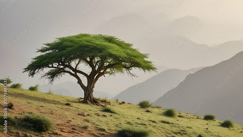 Spectacular of green tree growing on hil Lonely green tree near a tourist trail on the slope of alpine spring meadows against landscape background, Spectacular of green tree growing on hil Lonely green tree near a tourist trail on the slope of alpine spring meadows against landscape background,
