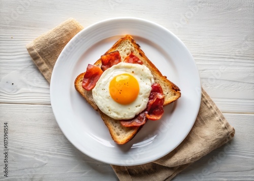 Sunny Breakfast Delight: Fried Egg on Toast with Crispy Bacon in Natural Light for Minimalist Photography Lovers