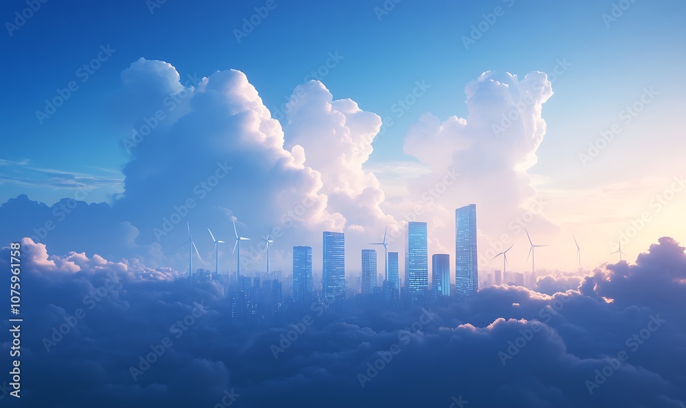 Fototapeta premium A serene skyline emerges above fluffy clouds, illuminated by soft blue light, suggesting a futuristic city amidst a tranquil atmosphere.