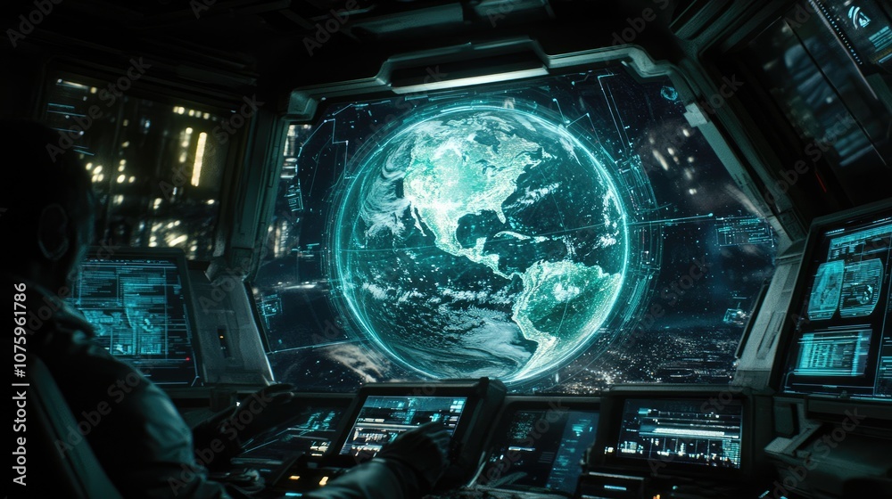 Obraz premium Futuristic Space Control Room with Holographic Earth Displaying North and South America in a High-Tech Sci-Fi Environment