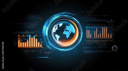 Futuristic Global Data Visualization with Blue Earth Globe, Circular Interface Elements, and Dynamic Bar Graphs on Black Background