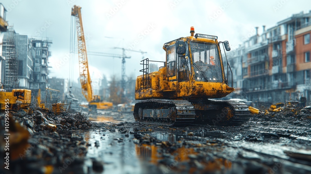 Construction site with heavy machinery in an urban environment.