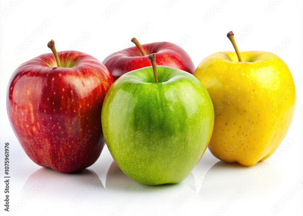 Vibrant Macro Photography of Four Shiny Apples in Red, Yellow, and Green on White Background - Fresh Produce, Healthy Eating, Colorful Fruits, Macro Shot Vibrant Macro Photography of Four Shiny Apples in Red, Yellow, and Green on White Background - Fresh Produce, Healthy Eating, Colorful Fruits, Macro Shot