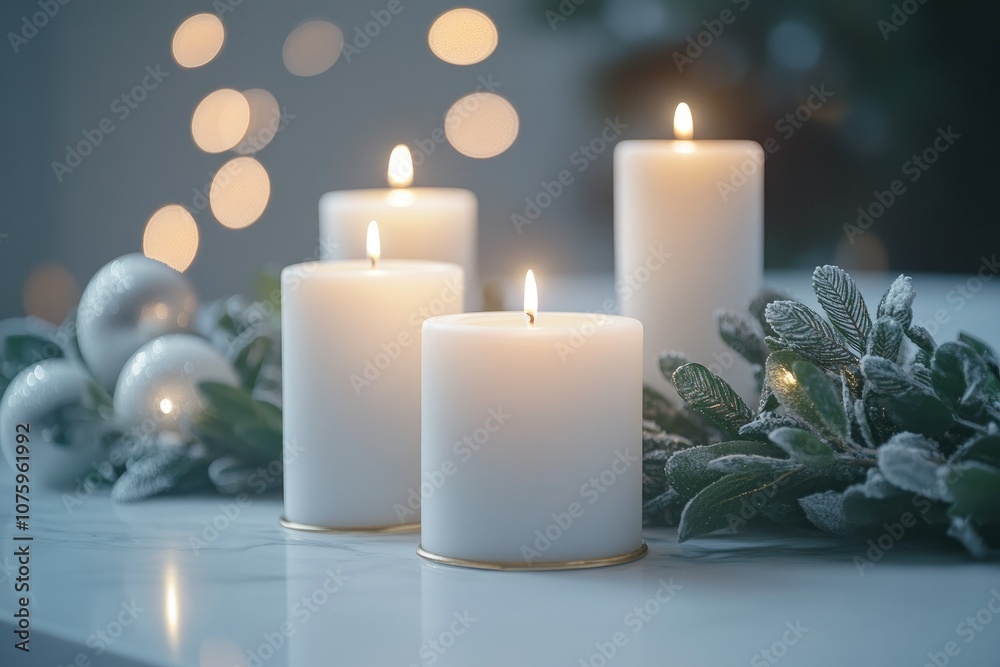 Elegant white table with gold accents, holiday greenery, and white candles, soft-focus background, ample top copyspace, inviting and festive Elegant white table with gold accents, holiday greenery, and white candles, soft-focus background, ample top copyspace, inviting and festive