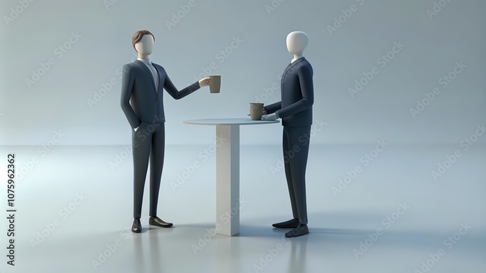Fototapeta premium Two faceless businessmen in suits standing near a table with coffee cups