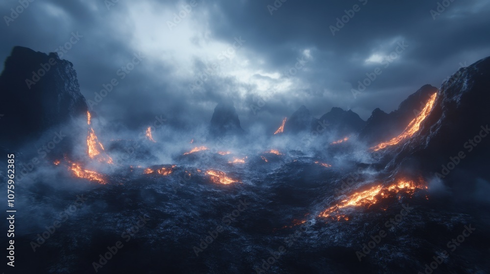 Fototapeta premium Eerie Glowing Lava Field with Rising Steam on Dark Smoky Background
