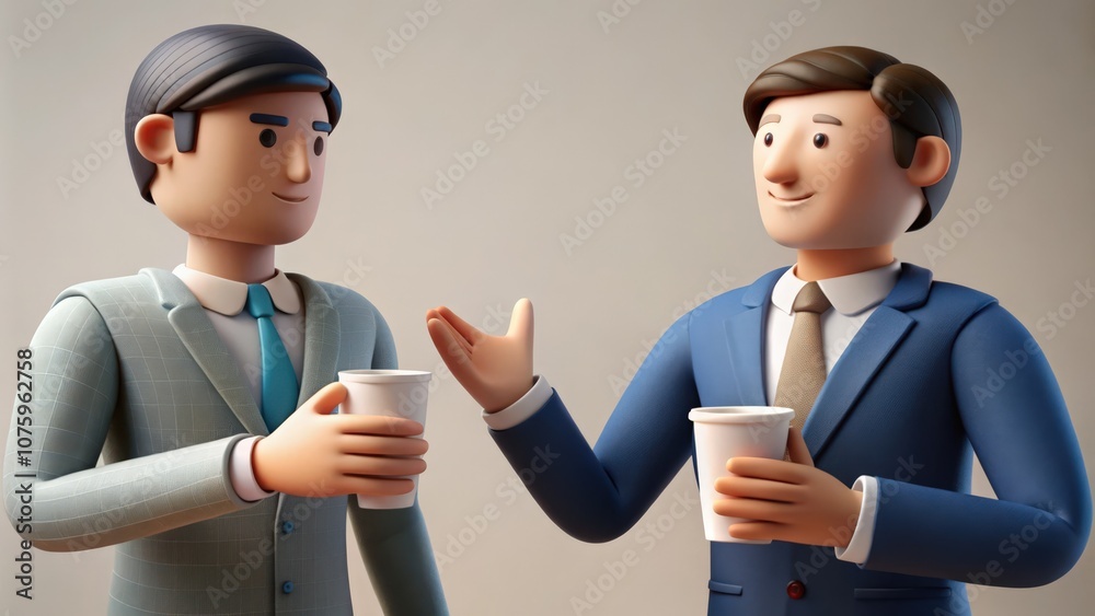 Two 3D Cartoon Businessmen in Suits Having a Conversation with Coffee Two 3D Cartoon Businessmen in Suits Having a Conversation with Coffee
