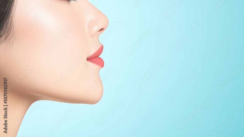 Captivating Portrait Side View of a Woman's Face with Smooth Skin and Soft Features Against a Light Blue Background, Perfect for Beauty and Cosmetic Themes Captivating Portrait Side View of a Woman's Face with Smooth Skin and Soft Features Against a Light Blue Background, Perfect for Beauty and Cosmetic Themes