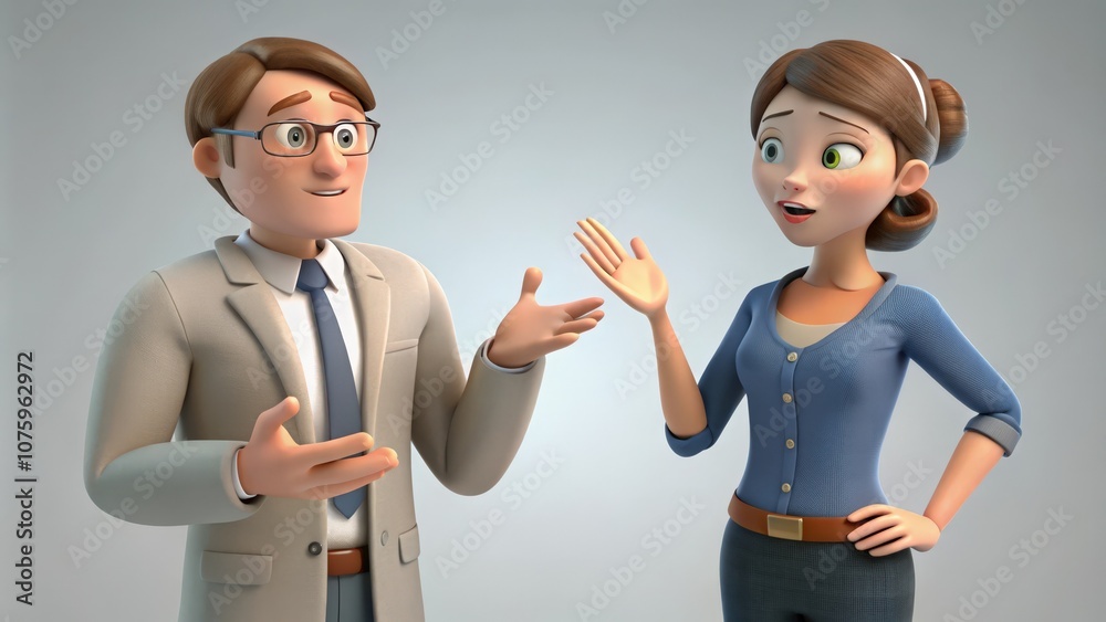 Cartoon Man and Woman in Business Attire Having a Conversation Cartoon Man and Woman in Business Attire Having a Conversation