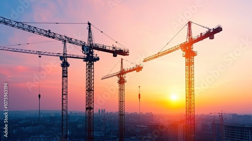 Majestic Sunrise Over City Skyline with Tower Cranes Silhouetted Against Colorful Sky, Representing Urban Development and Construction Growth