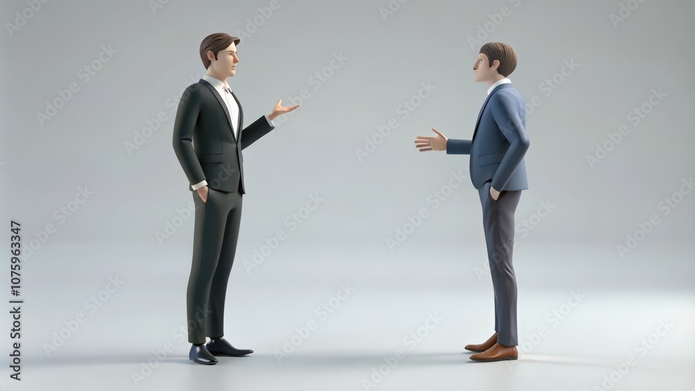 Two Cartoon Businessmen Interacting in a Grey Studio Setting Two Cartoon Businessmen Interacting in a Grey Studio Setting