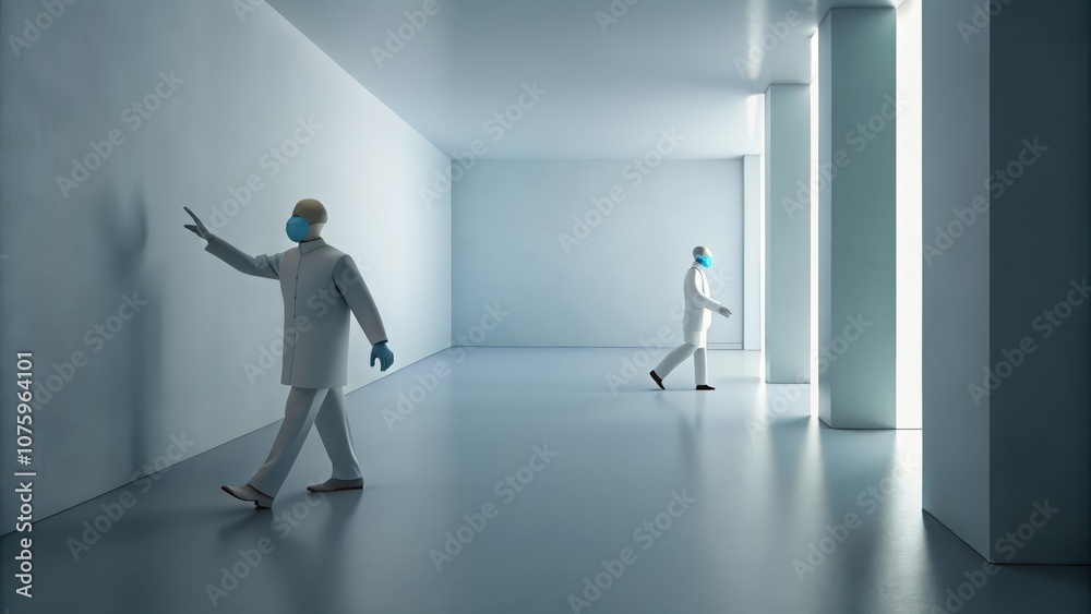 Two Figures in White Suits Walk in Opposite Directions in a Minimalist White Room Two Figures in White Suits Walk in Opposite Directions in a Minimalist White Room