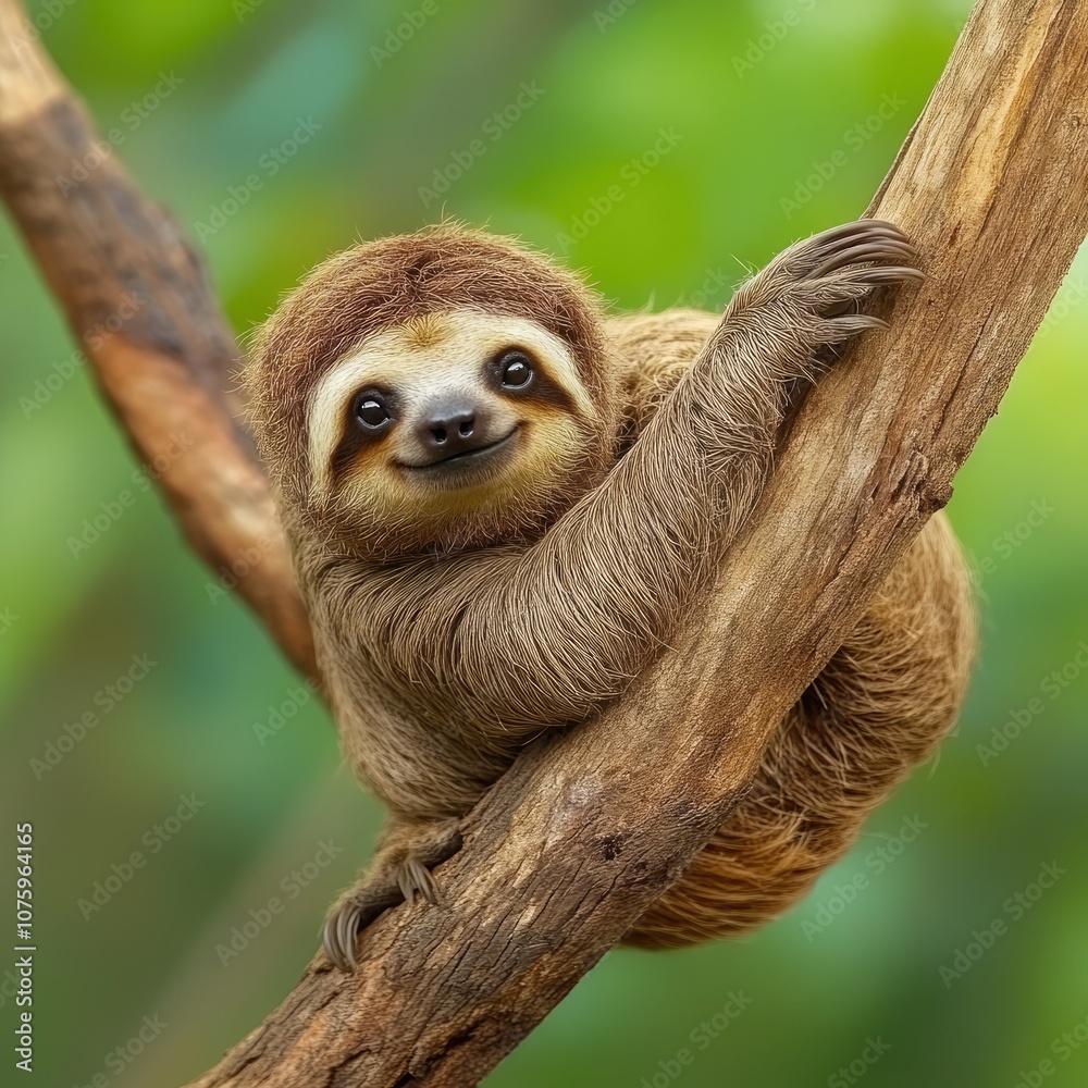 Obraz premium Adorable sloth hanging on a branch with a playful expression, showcasing its unique features and charming personality in a vibrant green jungle setting