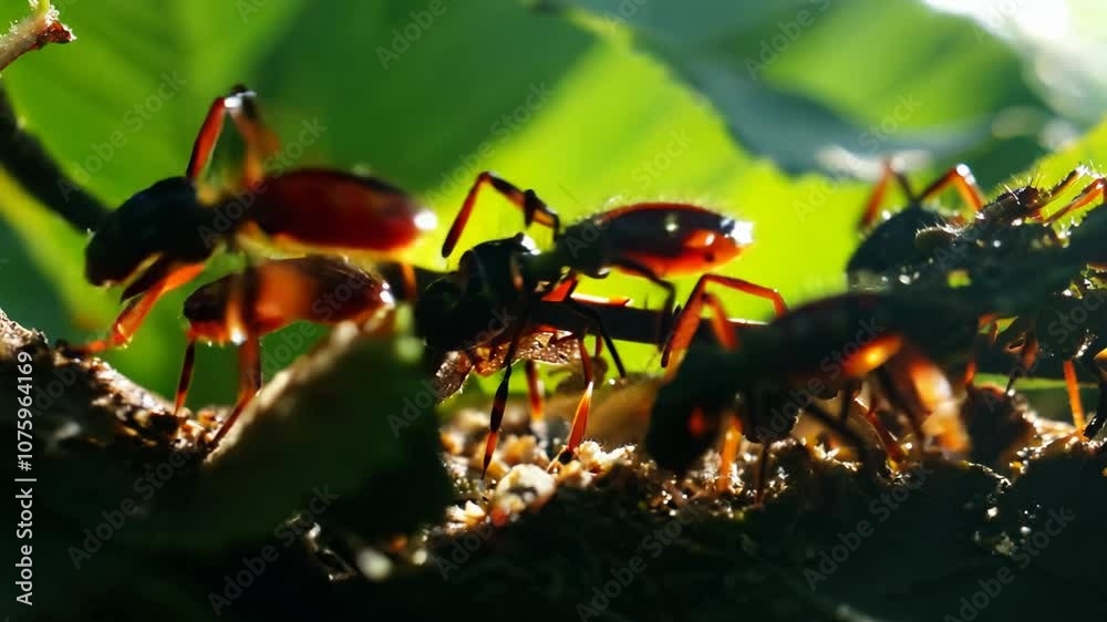 Camera movement and effects show slow panning with dappled forest light illuminating leaf-cutter ants carrying leaf fragments.