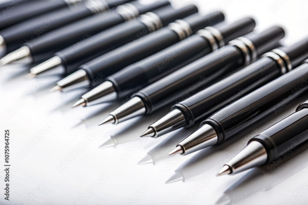 Tilt-Shift Photography of Black Pens on a White Background: A Creative Concept for Office Supplies and Stationery, Perfect for Business and Productivity Themes Tilt-Shift Photography of Black Pens on a White Background: A Creative Concept for Office Supplies and Stationery, Perfect for Business and Productivity Themes