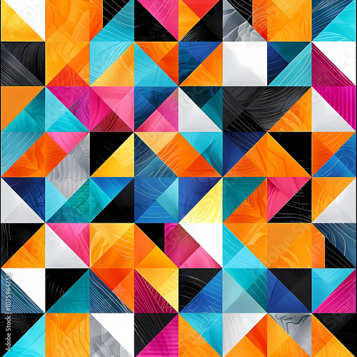Wallpaper Mural Colorful geometric pattern featuring triangles in vibrant shades of blue, orange, pink, and black, creating a dynamic visual effect. Torontodigital.ca