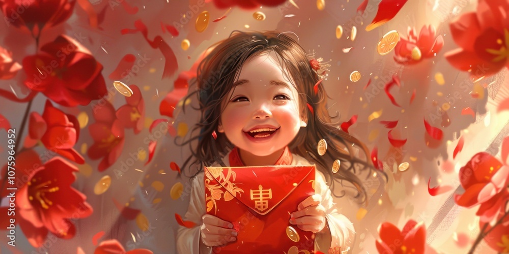A delighted young girl holds a red envelope in a colorful setting surrounded by blooming flowers and falling gold coins during Lunar New Year A delighted young girl holds a red envelope in a colorful setting surrounded by blooming flowers and falling gold coins during Lunar New Year