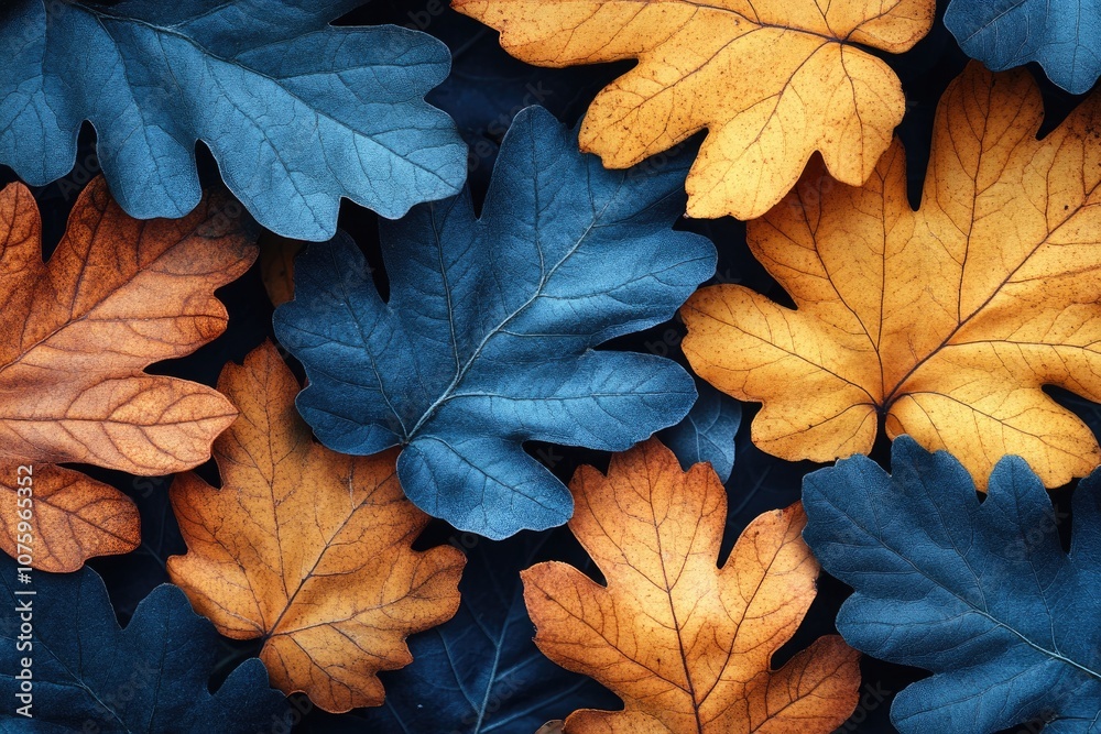 Closeup of autumn leaves in blue and yellow. Perfect for nature, fall, or seasonal designs. Closeup of autumn leaves in blue and yellow. Perfect for nature, fall, or seasonal designs.