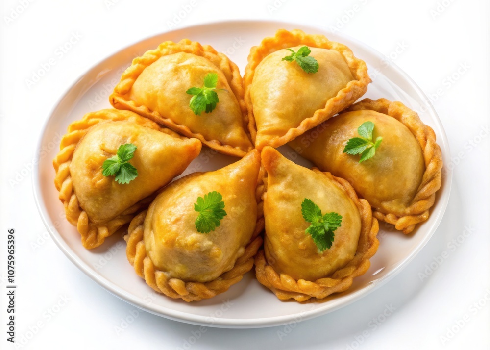 Top View of Golden Thai Curry Puffs on a White Plate Surrounded by a Background, Perfect for Culinary and Food Photography Needs Top View of Golden Thai Curry Puffs on a White Plate Surrounded by a Background, Perfect for Culinary and Food Photography Needs