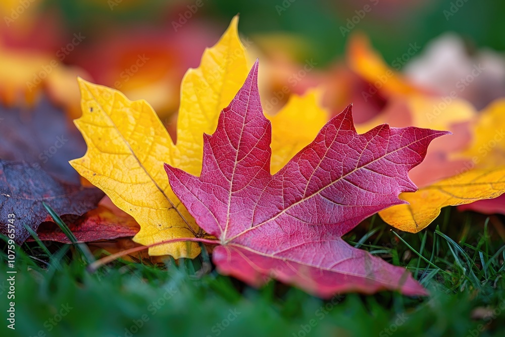 Close-up of autumn leaves in green grass. This photo showcases the vibrant colors of fall foliage, with a focus on the intricate veins and textures of the leaves. Close-up of autumn leaves in green grass. This photo showcases the vibrant colors of fall foliage, with a focus on the intricate veins and textures of the leaves.