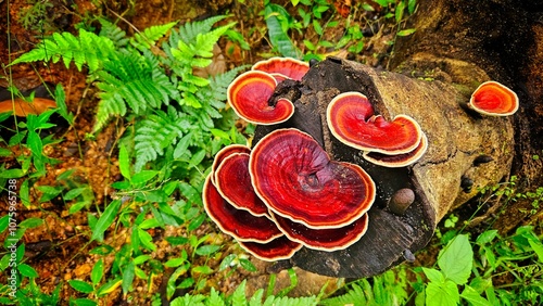 Microporus xanthopus fungi on old wood in rain forest background. photo