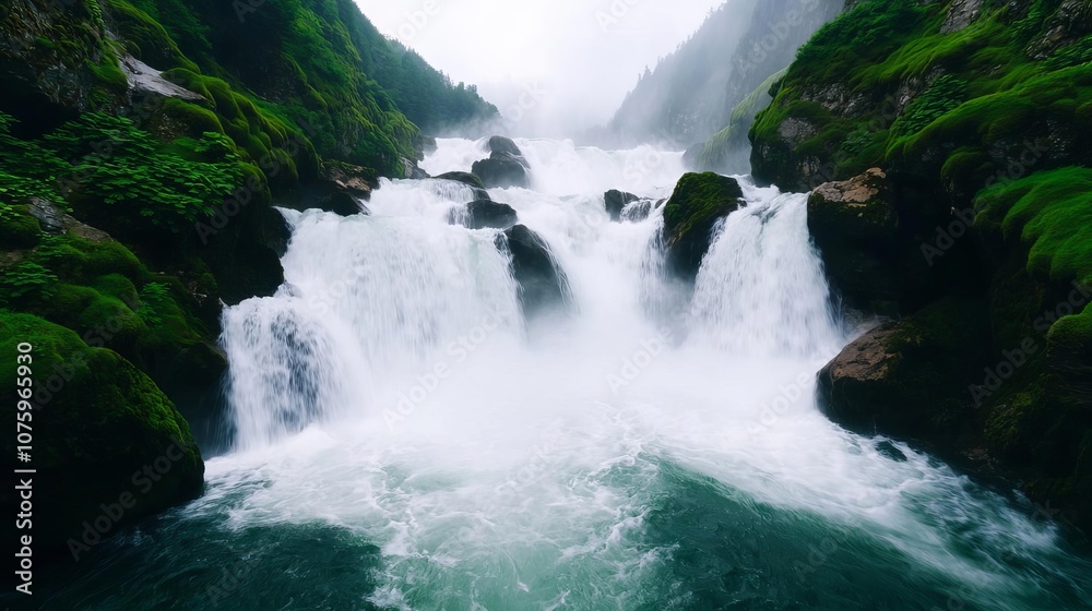 Powerful waterfall in a rocky canyon, with rich green moss and ferns along the sides, surrounded by mist that enhances the dramatic beauty and raw power of nature Powerful waterfall in a rocky canyon, with rich green moss and ferns along the sides, surrounded by mist that enhances the dramatic beauty and raw power of nature