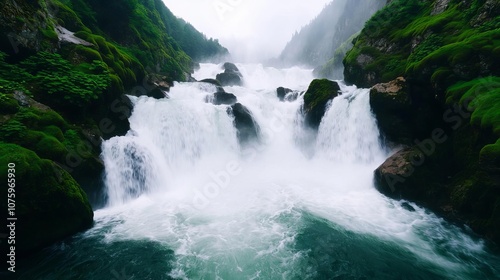 Powerful waterfall in a rocky canyon, with rich green moss and ferns along the sides, surrounded by mist that enhances the dramatic beauty and raw power of nature