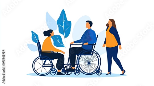 Inclusive Scene of Two Individuals in Wheelchairs Engaging with a Standing Person in a Bright, Welcoming Environment Highlighting Accessibility and Community Support