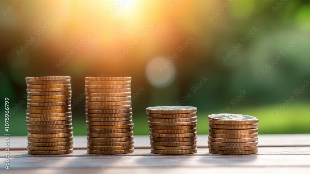 Stacks of Coins in Various Heights Against a Blurred Natural Background Featuring Glowing Sunlight, Symbolizing Wealth Growth and Financial Prosperity Stacks of Coins in Various Heights Against a Blurred Natural Background Featuring Glowing Sunlight, Symbolizing Wealth Growth and Financial Prosperity
