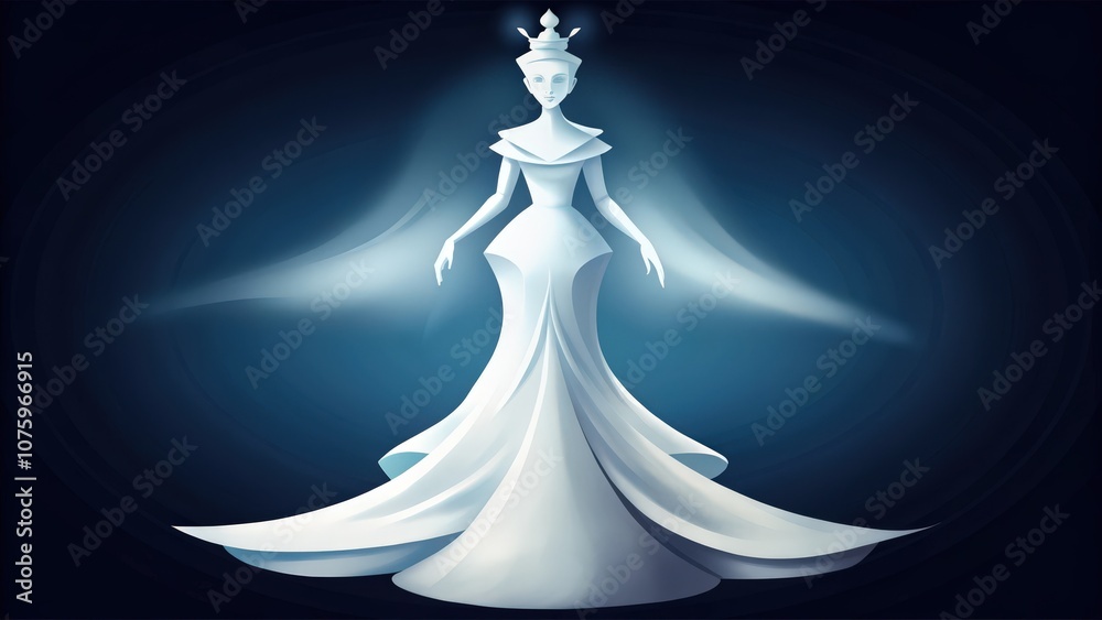 A White Figure in a Long Dress and Crown Stands Against a Dark Blue Background A White Figure in a Long Dress and Crown Stands Against a Dark Blue Background