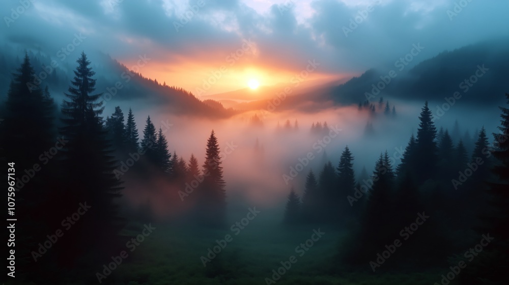 Fototapeta premium Mesmerizing Sunset Over Misty Forest Landscape at Dusk