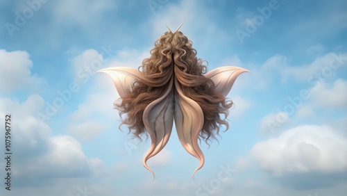A Woman's Hair Transformed into Butterfly Wings Floating in the Sky