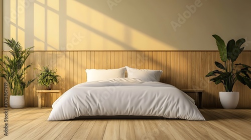 A serene bedroom with a large white bed, wooden walls, and potted plants, creating a calming atmosphere.