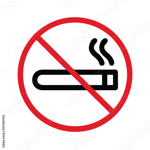 No smoking sign icon with cigarette, Vector illustration of a no smoking sign featuring a crossed-out cigarette inside a red circle, indicating a smoke-free area.
