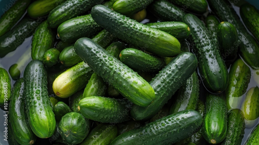Large pile of fresh green cucumbers covered in water droplets for freshness Large pile of fresh green cucumbers covered in water droplets for freshness