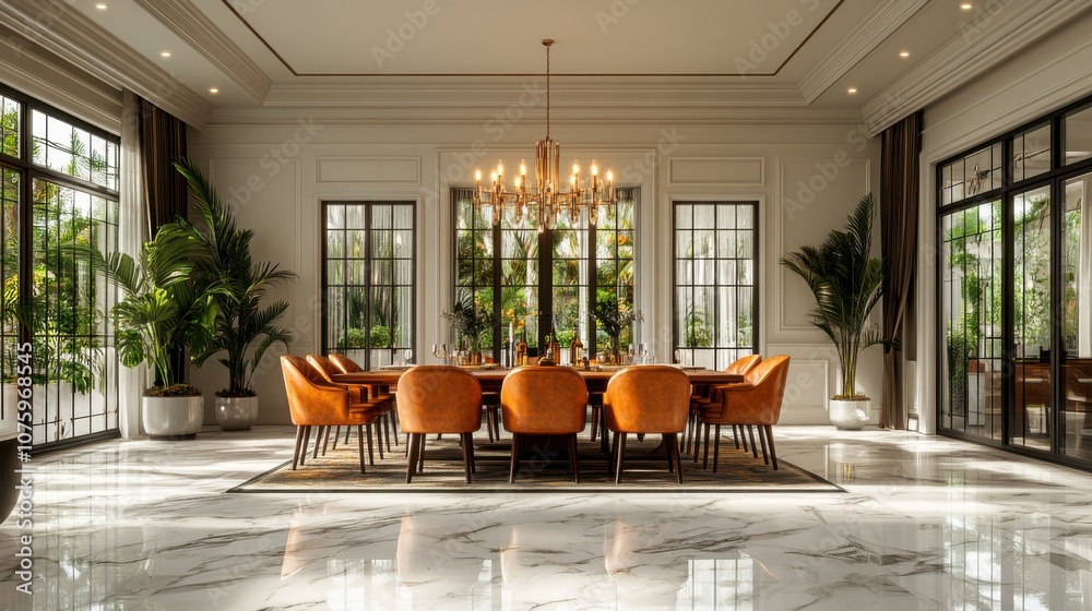 Elegant dining room with a large table and lush greenery. Elegant dining room with a large table and lush greenery.