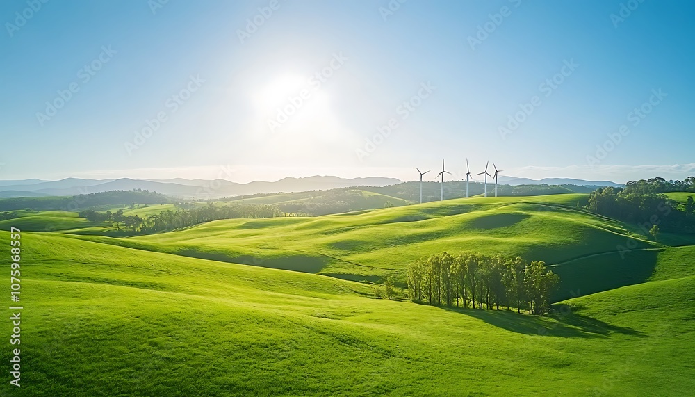 Fototapeta premium A vibrant landscape featuring rolling green hills beneath a bright blue sky and sun, with distant power lines visible on the horizon.