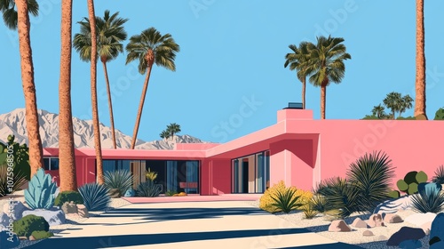 Classic pink Palm Springs house with an iconic design, desert plants, and tall palms reaching toward the sky.