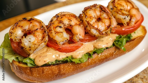 Shrimp po'boy sandwich with lettuce, tomatoes, and spicy remoulade on a toasted baguette, 8K photo