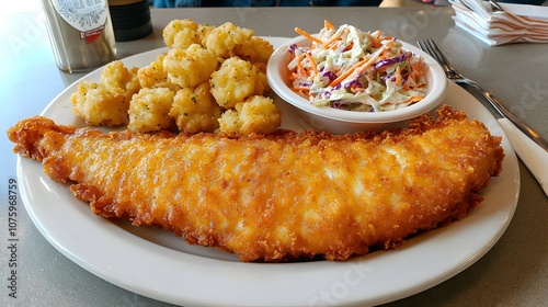 Southern-style fried catfish with hush puppies and a side of coleslaw on a vintage diner plate, 8K photo