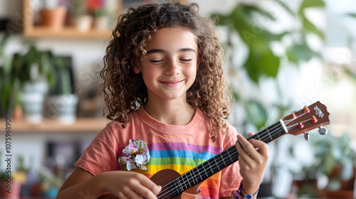 teen practicing music instrument happily, learning guitar in natural light cozy room