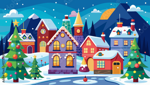 A colorful winter scene with houses, trees, and a mountain in the background