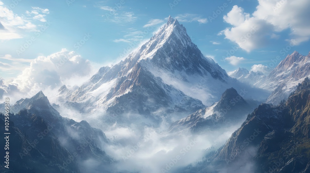 Capture a stunning real photograph of a towering mountain peak shrouded in mist, with rugged cliffs and patches of snow, framed by a vibrant blue sky and scattered clouds Capture a stunning real photograph of a towering mountain peak shrouded in mist, with rugged cliffs and patches of snow, framed by a vibrant blue sky and scattered clouds