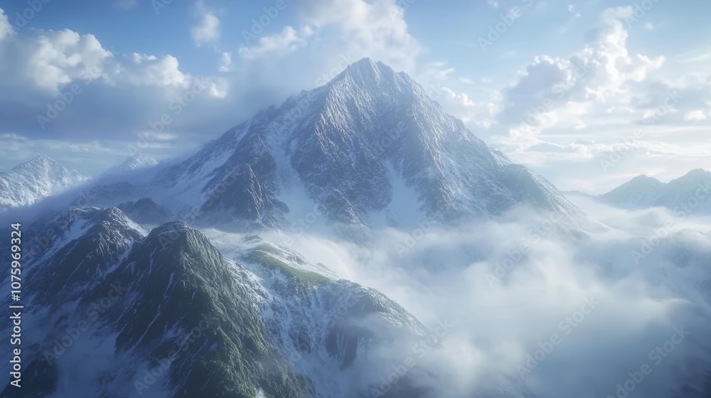 Capture a stunning real photograph of a towering mountain peak shrouded in mist, with rugged cliffs and patches of snow, framed by a vibrant blue sky and scattered clouds Capture a stunning real photograph of a towering mountain peak shrouded in mist, with rugged cliffs and patches of snow, framed by a vibrant blue sky and scattered clouds