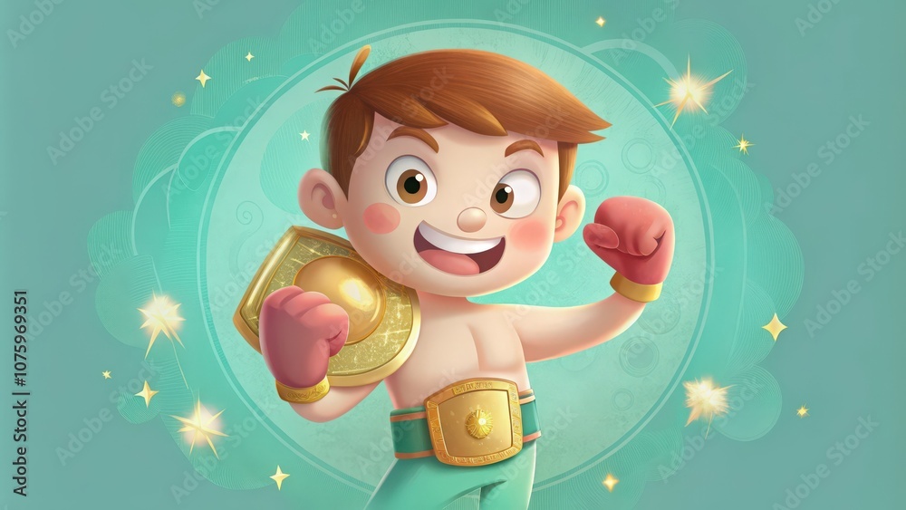 A Cheerful Cartoon Boy Boxer Holding a Trophy A Cheerful Cartoon Boy Boxer Holding a Trophy