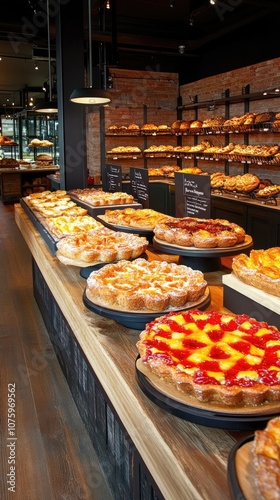 Freshly Baked Pastries Displayed in a Modern Bakery Interior with Bright Lighting and Wooden Countertops, Showcasing an Array of Delicious Desserts and Sweets